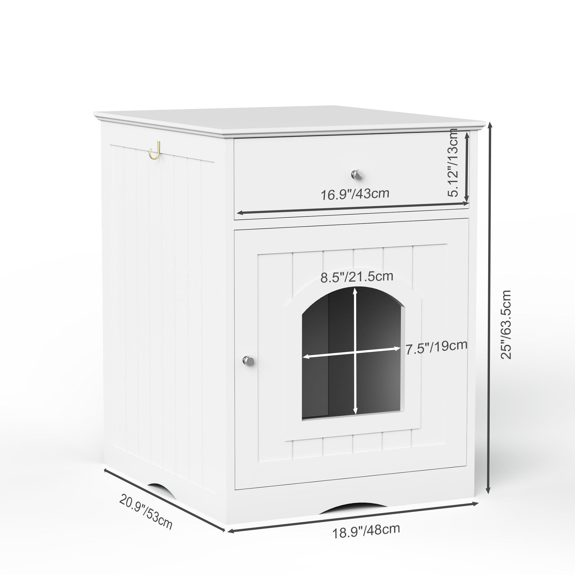 KFX-0085693 Wooden Cat Litter Box House with Drawers and Side Table, Indoor Pet Cage, White finish