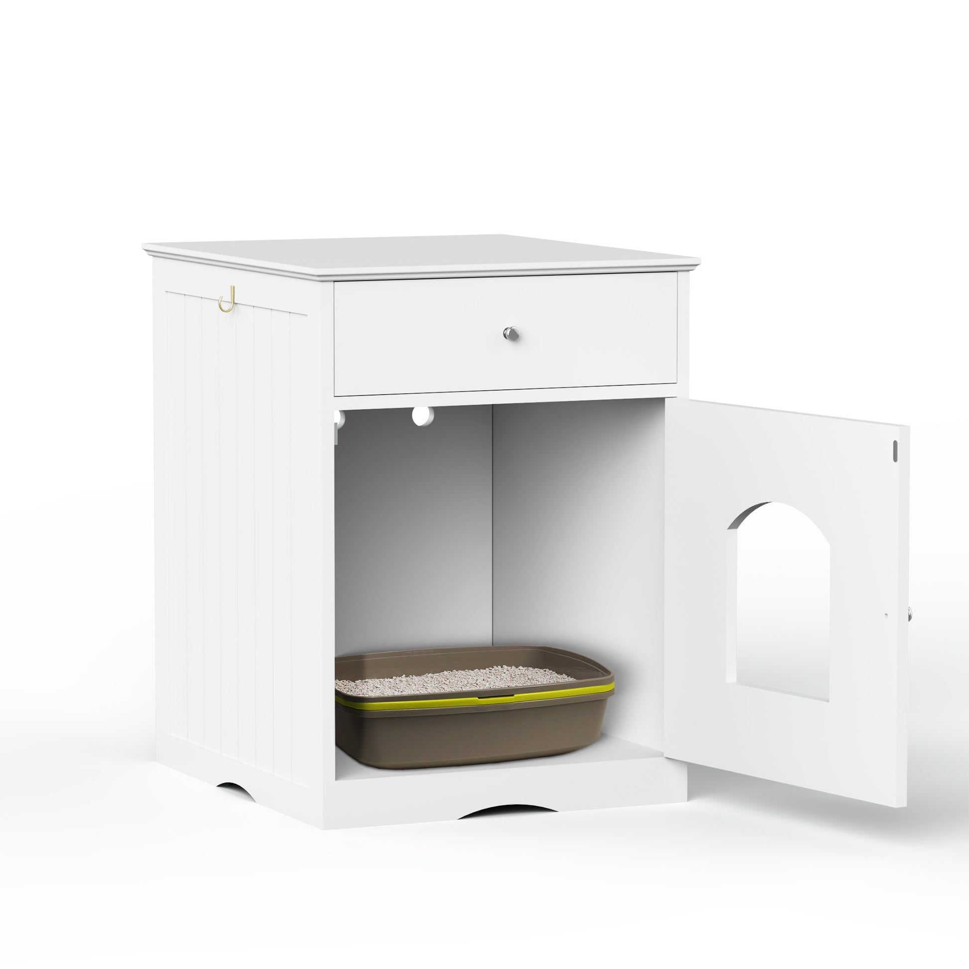KFX-0085693 Wooden Cat Litter Box House with Drawers and Side Table, Indoor Pet Cage, White finish
