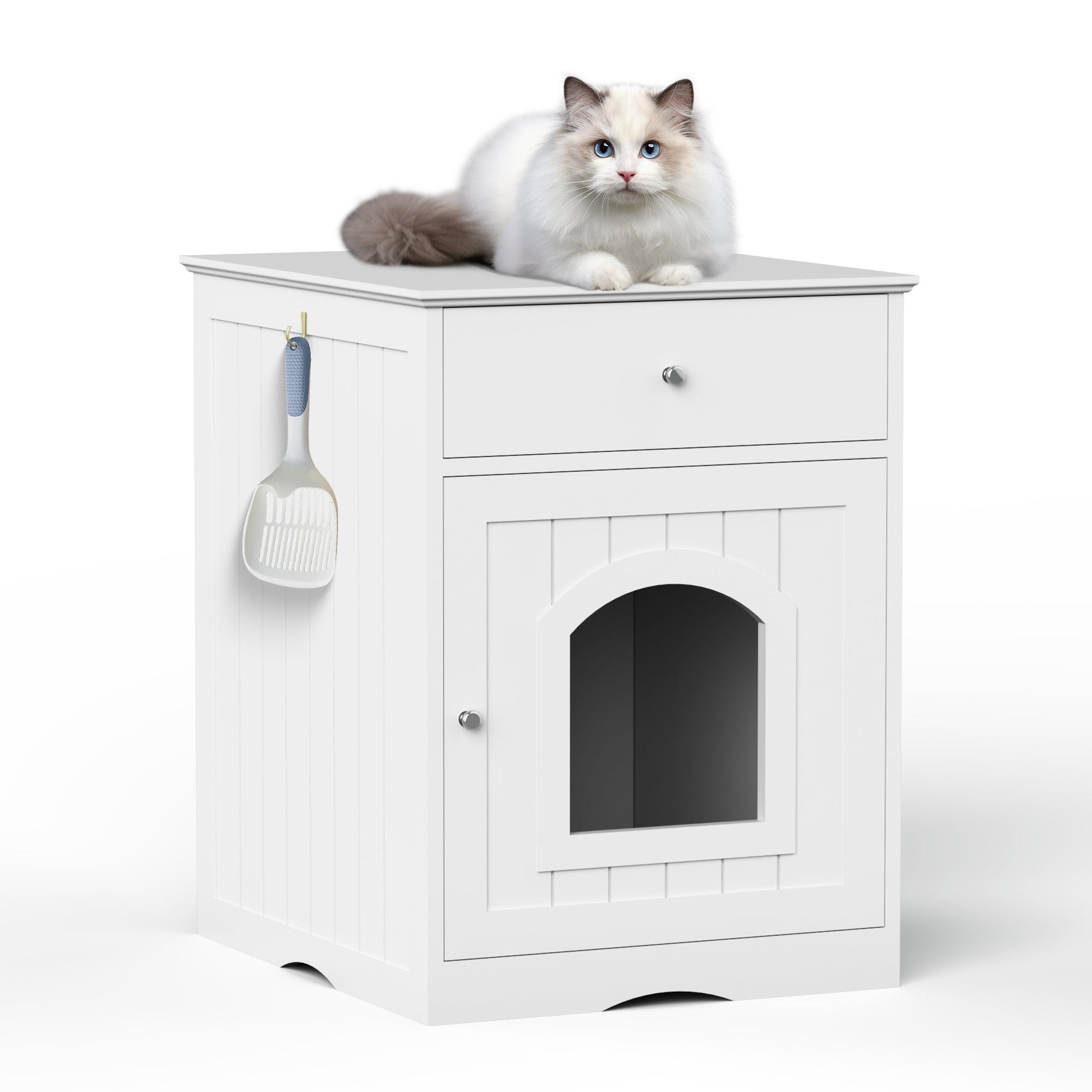 KFX-0085693 Wooden Cat Litter Box House with Drawers and Side Table, Indoor Pet Cage, White finish