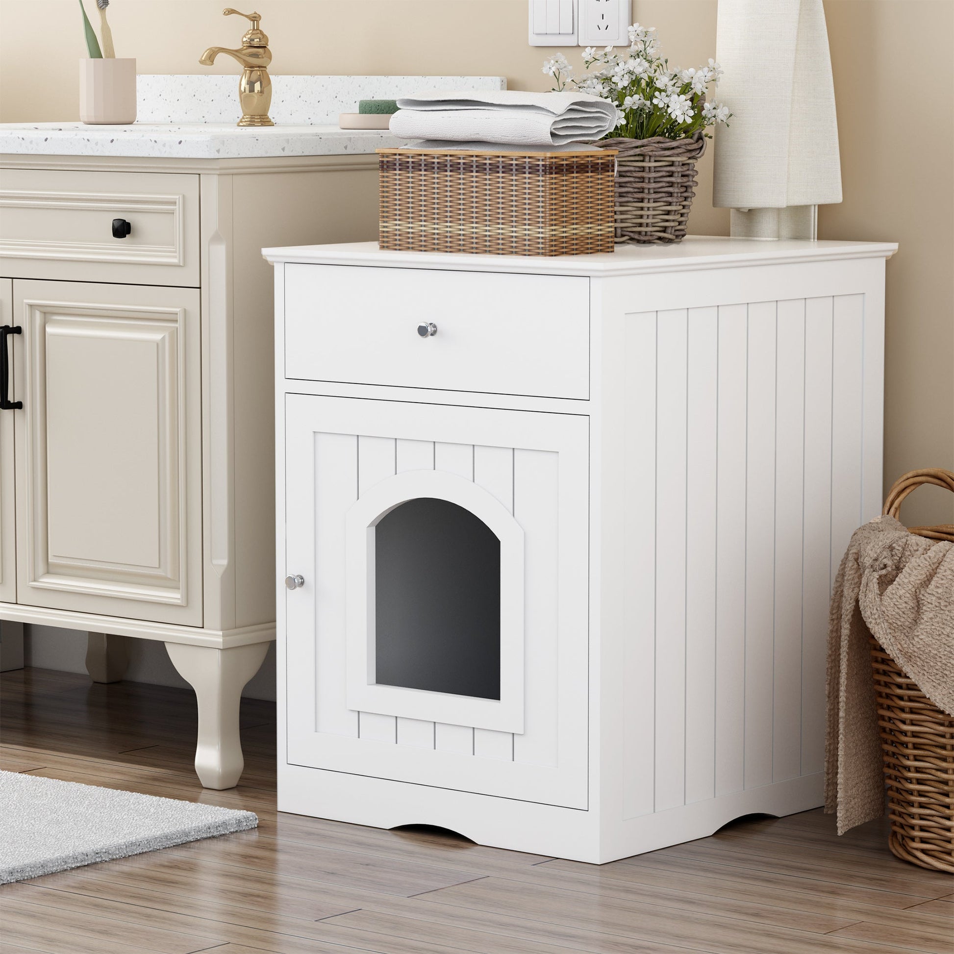 KFX-0085693 Wooden Cat Litter Box House with Drawers and Side Table, Indoor Pet Cage, White finish