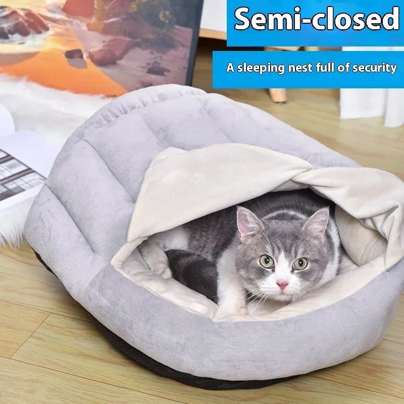 KFX-0087869 Cozy Velvet Winter Cat Nest with Semi-Closed Design - 50x40cm Plush & PP Cotton