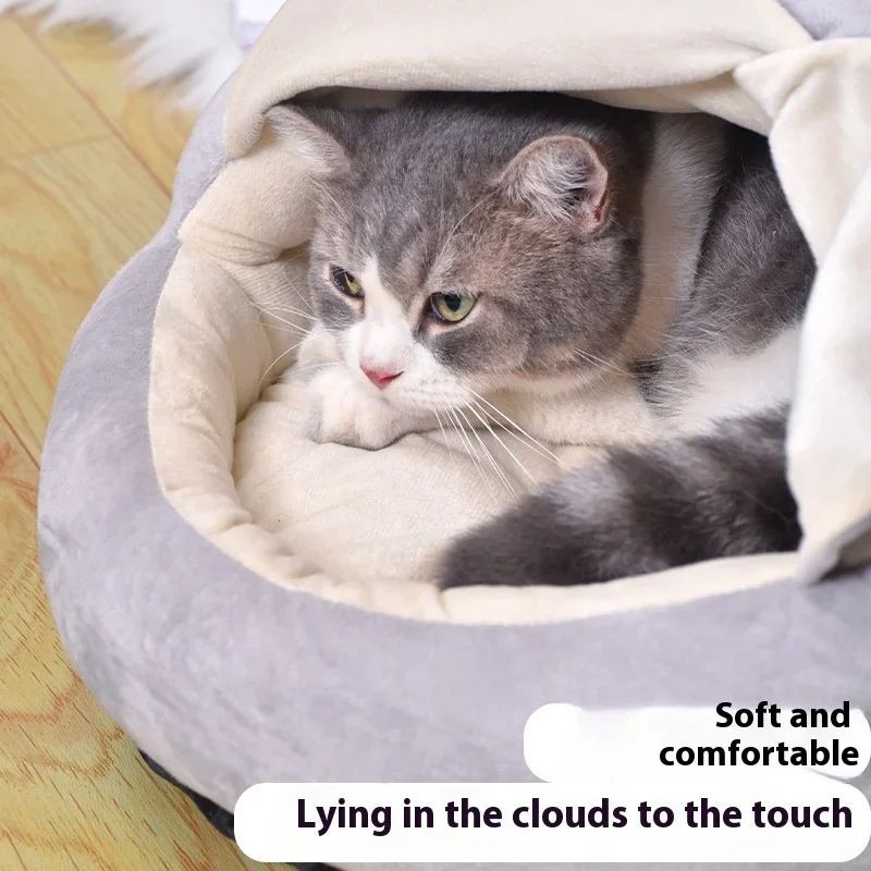 KFX-0087869 Cozy Velvet Winter Cat Nest with Semi-Closed Design - 50x40cm Plush & PP Cotton