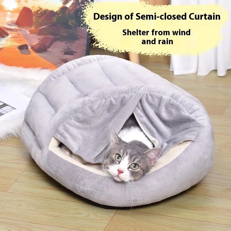 KFX-0087869 Cozy Velvet Winter Cat Nest with Semi-Closed Design - 50x40cm Plush & PP Cotton