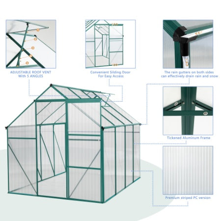 KFX-0091453 6 x 8 FT Outdoor Aluminum Patio Greenhouse with Sliding Door and Adjustable Roof