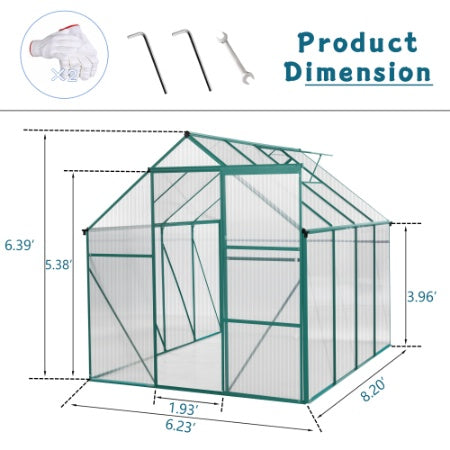 KFX-0091453 6 x 8 FT Outdoor Aluminum Patio Greenhouse with Sliding Door and Adjustable Roof