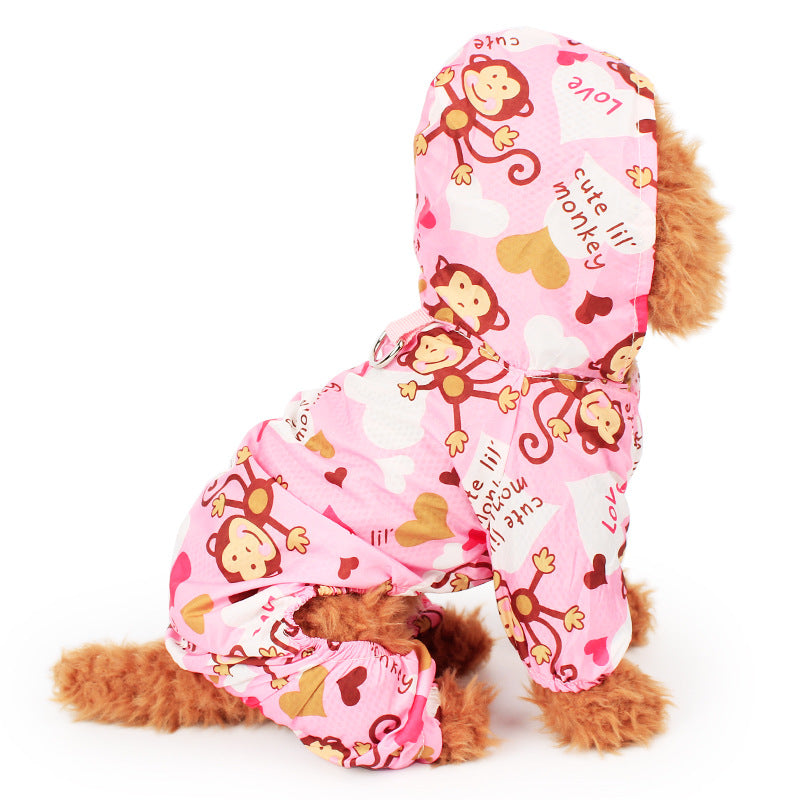 KFX-0094141 Adorable Monkey Print Raincoat for Dogs in Pink, Blue, and Yellow - Sizes XS to XL