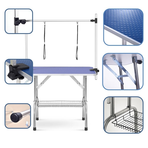 KFX-0095421 36 Inch Folding Pet Grooming Table with Stainless Steel Frame and Adjustable Arm for Dogs and Cats
