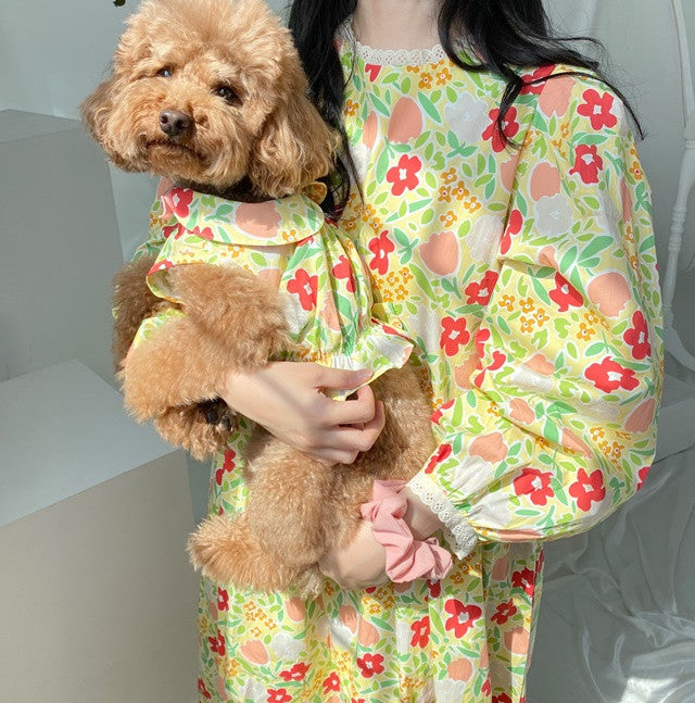 KFX-0095933 Flower Bow Tie Mermaid Skirt for Pets - Yellow & Blue Floral Design, Various Sizes Available