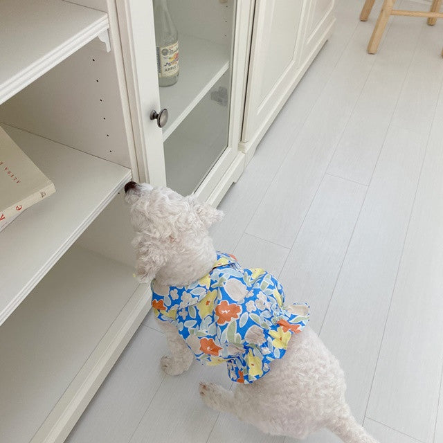 KFX-0095933 Flower Bow Tie Mermaid Skirt for Pets - Yellow & Blue Floral Design, Various Sizes Available