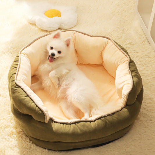 KFX-0097597 Three-Layer Suede Octagonal Dog House - Washable Plush Pet Bed for Small Dogs and Cats in Green, Pink, and Gray
