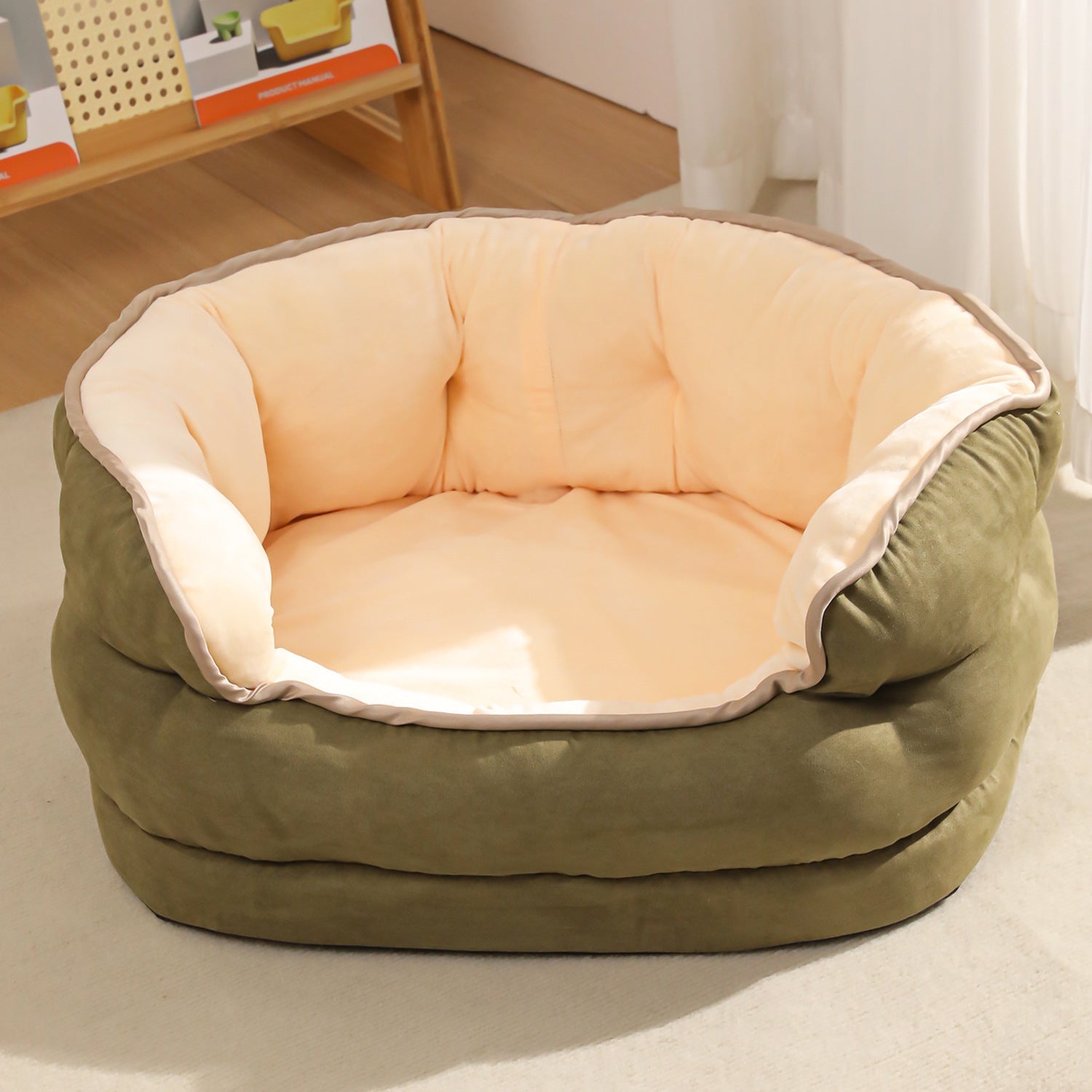 KFX-0097597 Three-Layer Suede Octagonal Dog House - Washable Plush Pet Bed for Small Dogs and Cats in Green, Pink, and Gray