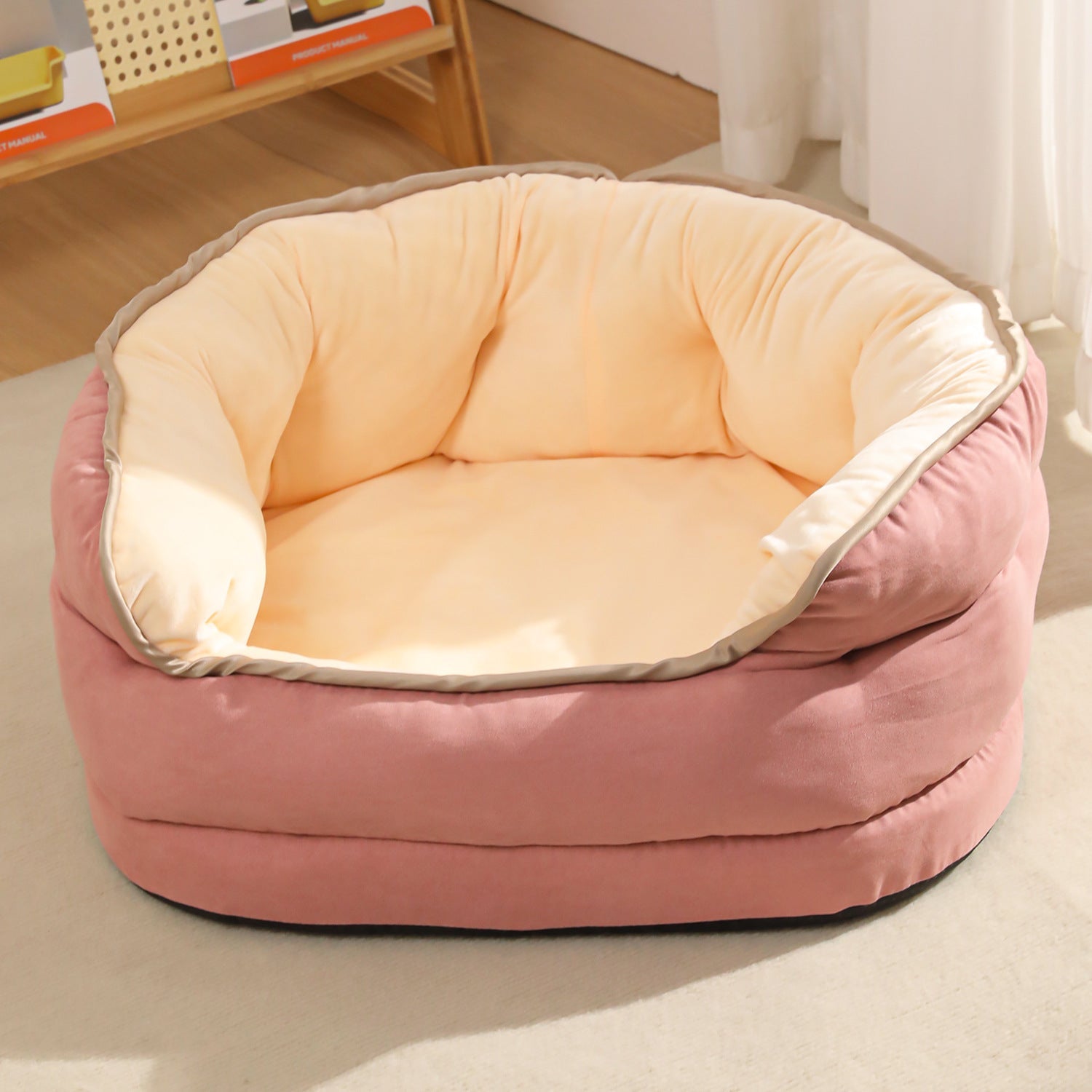 KFX-0097597 Three-Layer Suede Octagonal Dog House - Washable Plush Pet Bed for Small Dogs and Cats in Green, Pink, and Gray