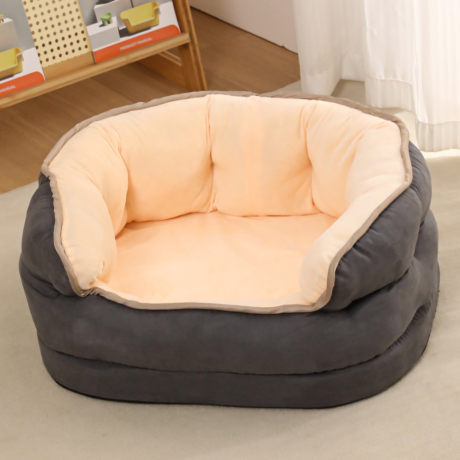 KFX-0097597 Three-Layer Suede Octagonal Dog House - Washable Plush Pet Bed for Small Dogs and Cats in Green, Pink, and Gray