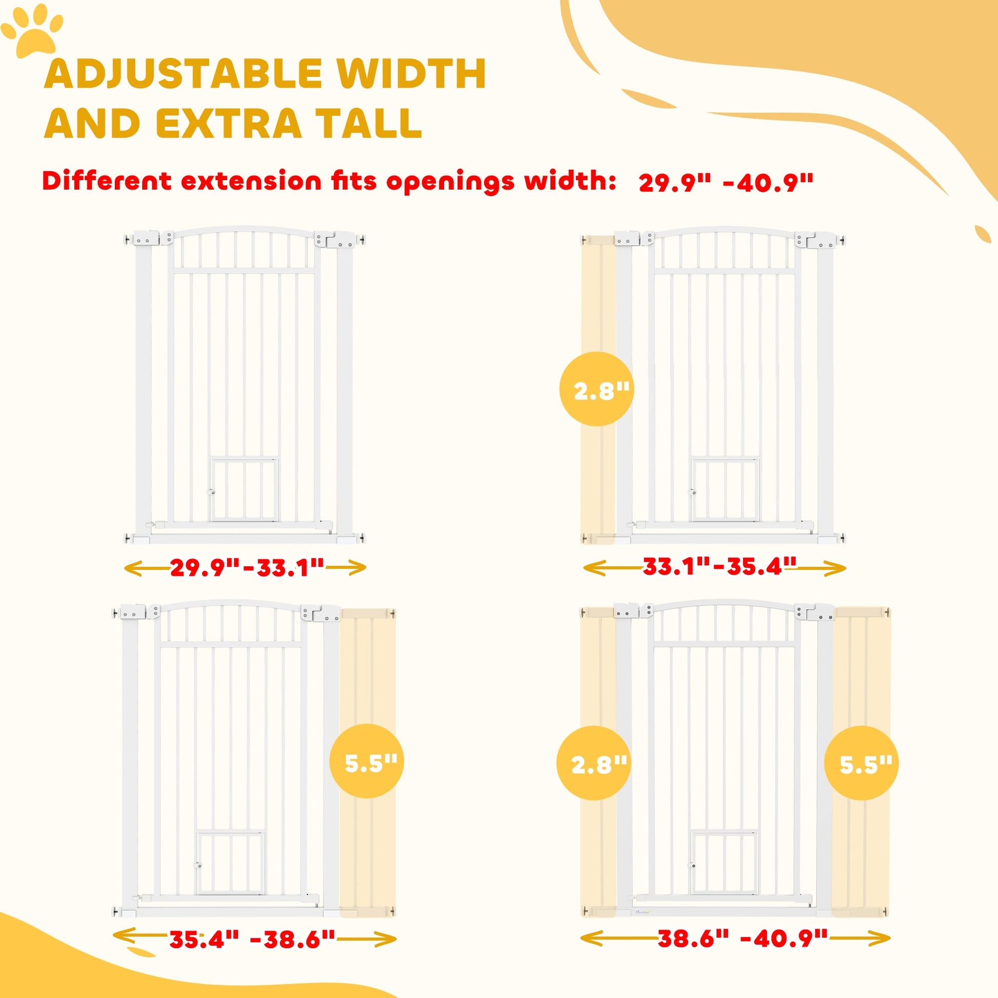 KFX-0104765 Extra Wide 30"-41" Adjustable Walk-Through Pet Gate with Cat Door and Extension Kits, 42" High