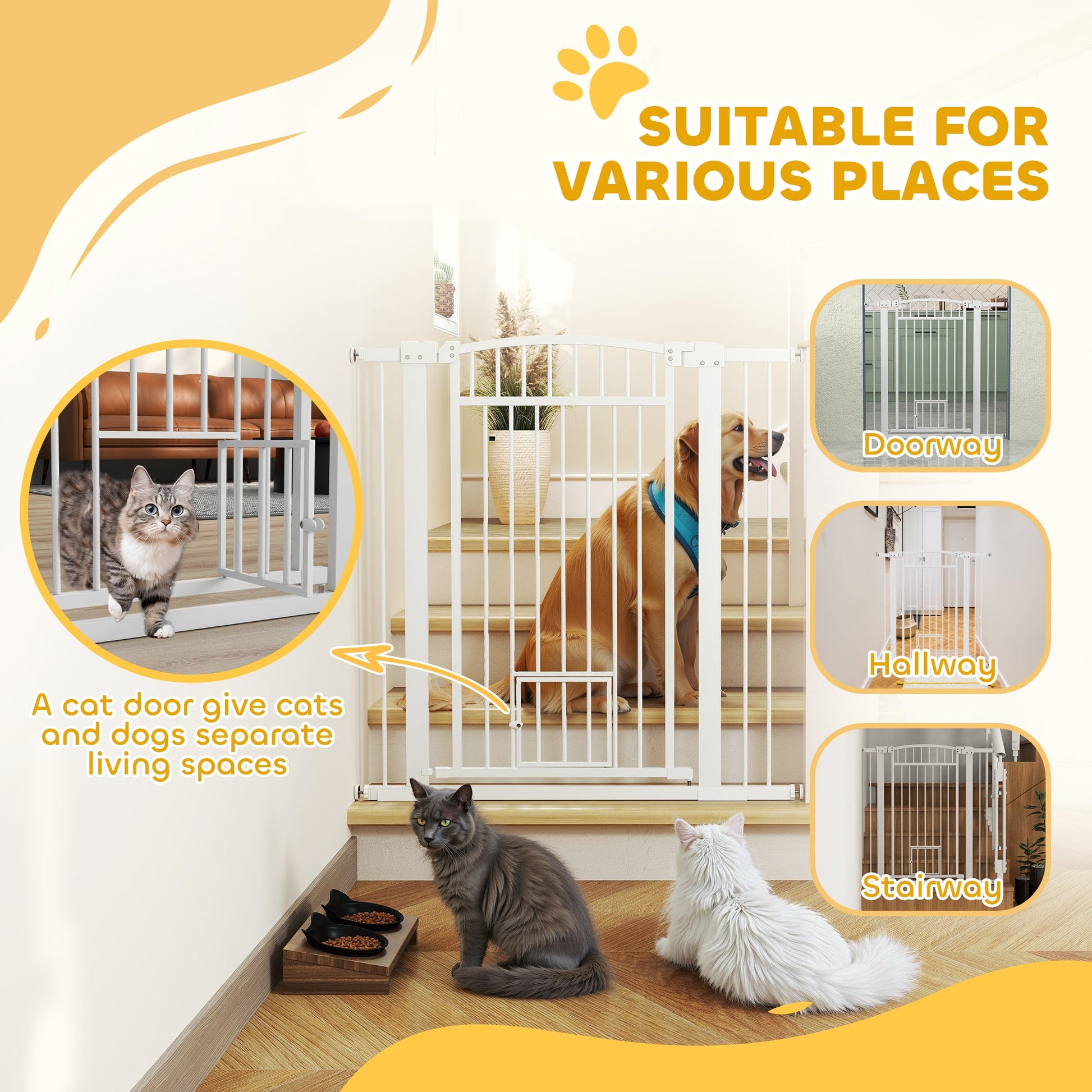 KFX-0104765 Extra Wide 30"-41" Adjustable Walk-Through Pet Gate with Cat Door and Extension Kits, 42" High