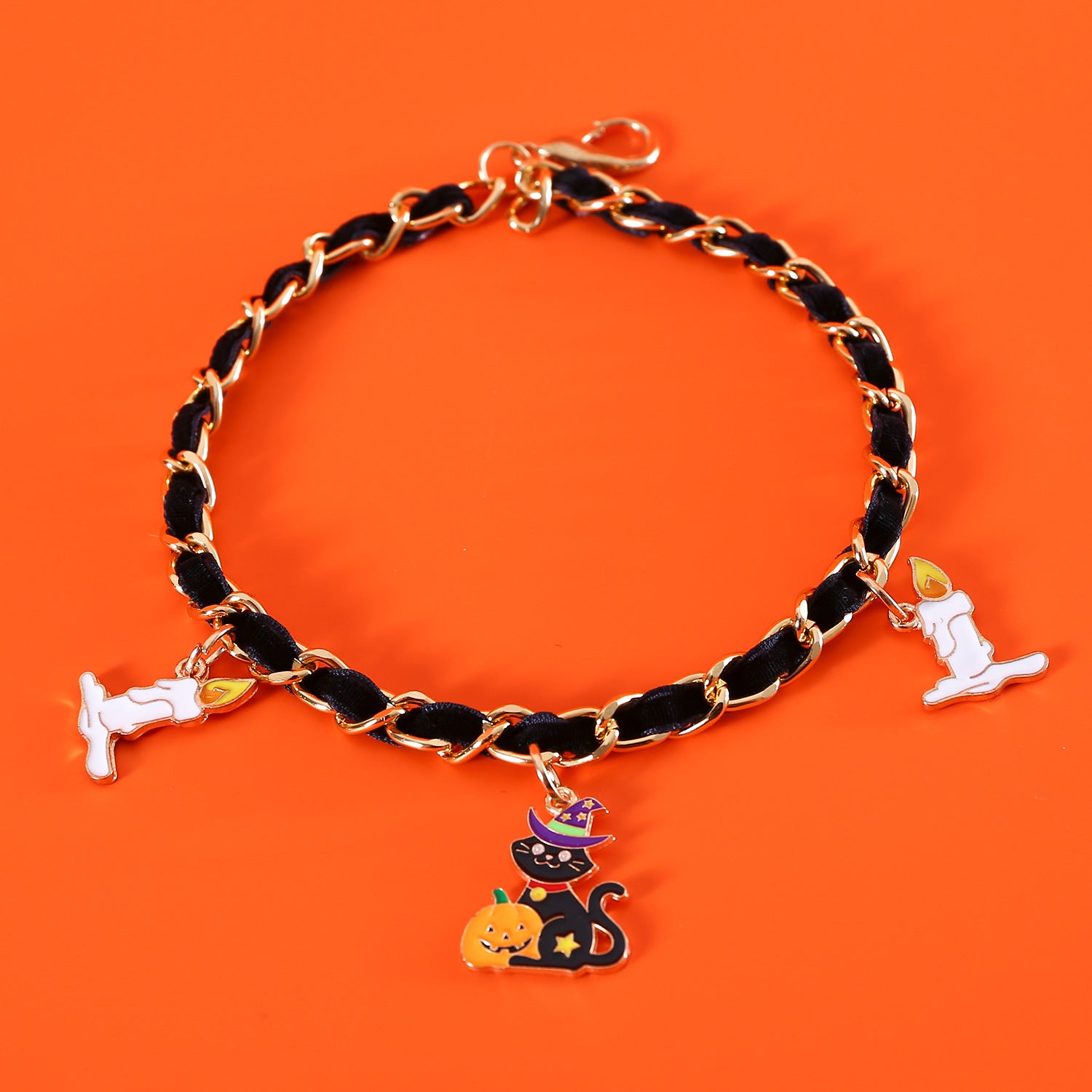 KFX-0111037 Velvet Halloween Pet Collar with Monochrome Dripping Bat and Metal Pumpkin, Ghost, Spider Accessories