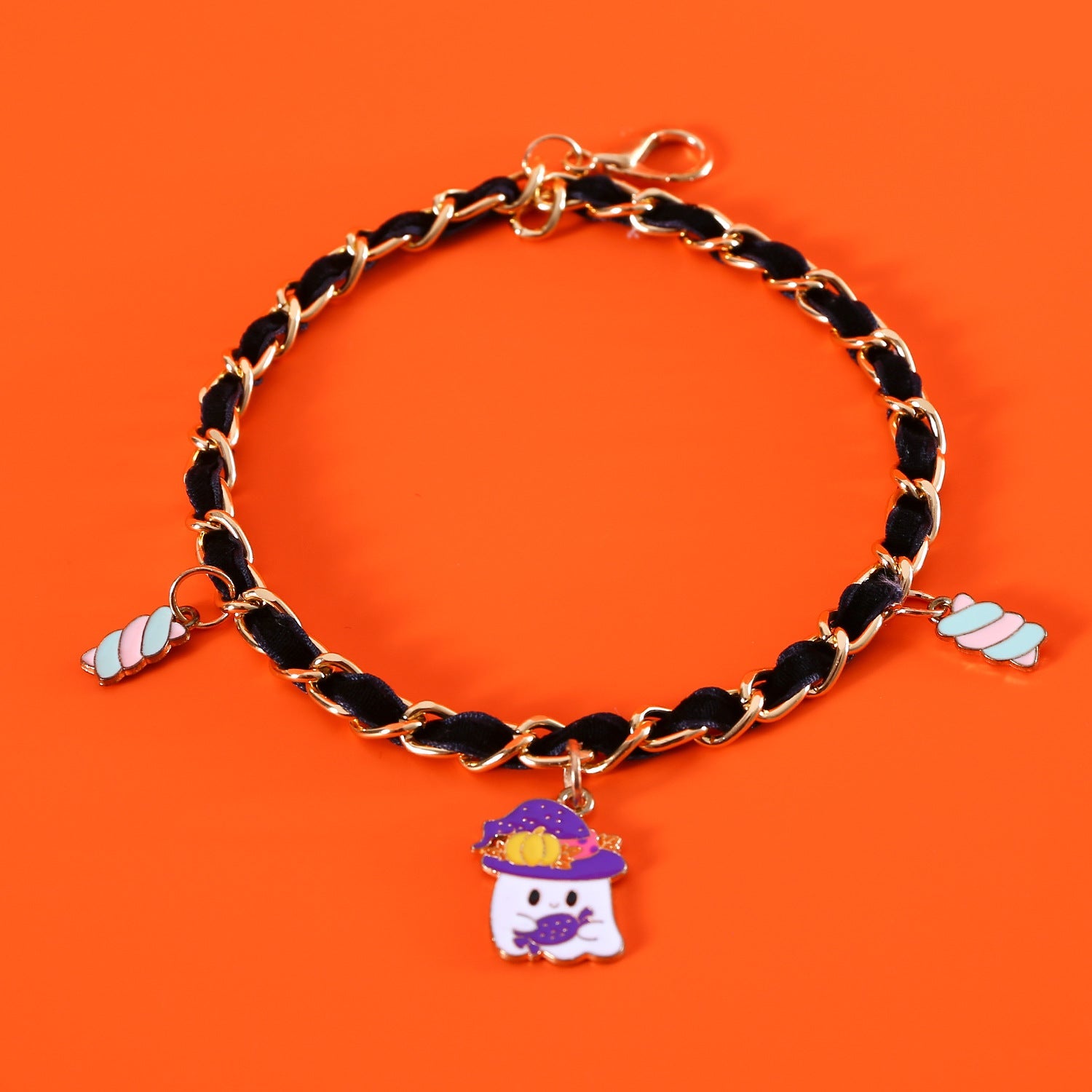KFX-0111037 Velvet Halloween Pet Collar with Monochrome Dripping Bat and Metal Pumpkin, Ghost, Spider Accessories