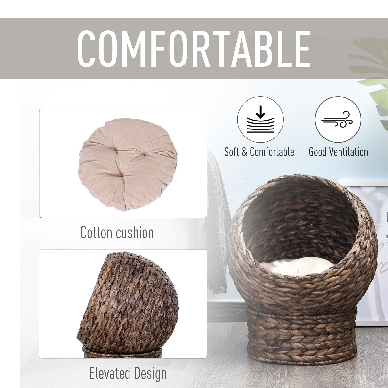 KFX-0113469 Elevated Handwoven Cat Bed with Rotating Basket and Soft Cushion, Wicker Egg Chair, Cozy Gray Design