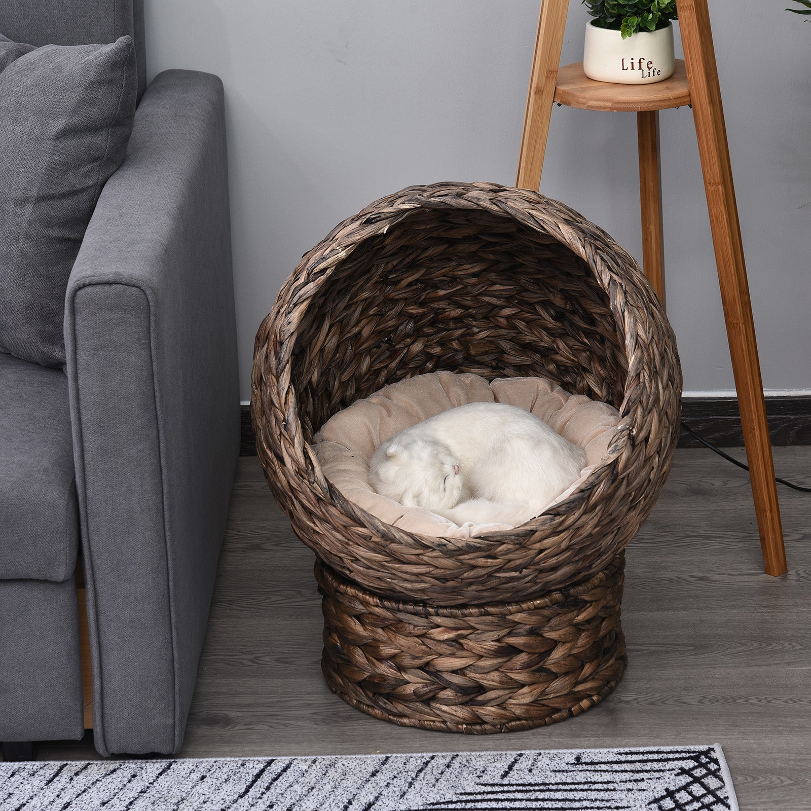 KFX-0113469 Elevated Handwoven Cat Bed with Rotating Basket and Soft Cushion, Wicker Egg Chair, Cozy Gray Design