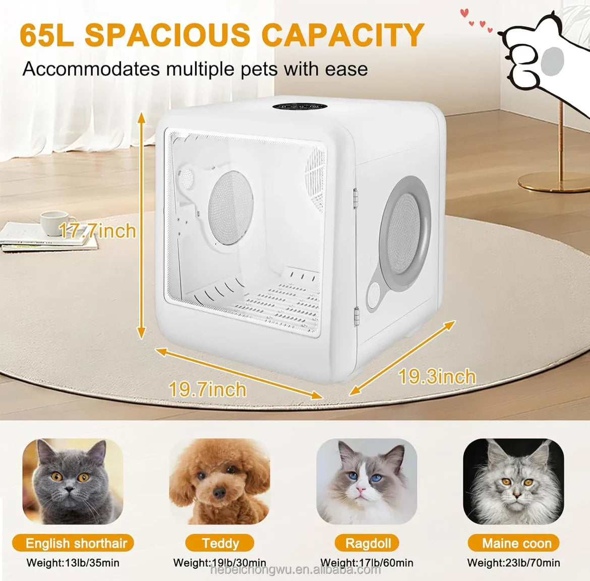 KFX-011411 Pet Hair Dryer Box for Cats and Dogs - 2000W Low Noise ABS Material, Efficient Indoor Drying