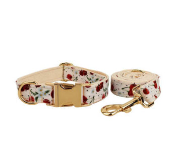 KFX-0116285 Red Cherry Pet Collar and Leash Set with Cute Bow and Gold Release Buckle, Five-Piece Accessory Kit