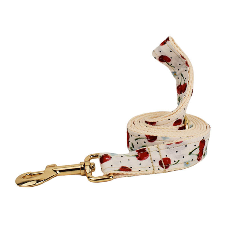 KFX-0116285 Red Cherry Pet Collar and Leash Set with Cute Bow and Gold Release Buckle, Five-Piece Accessory Kit