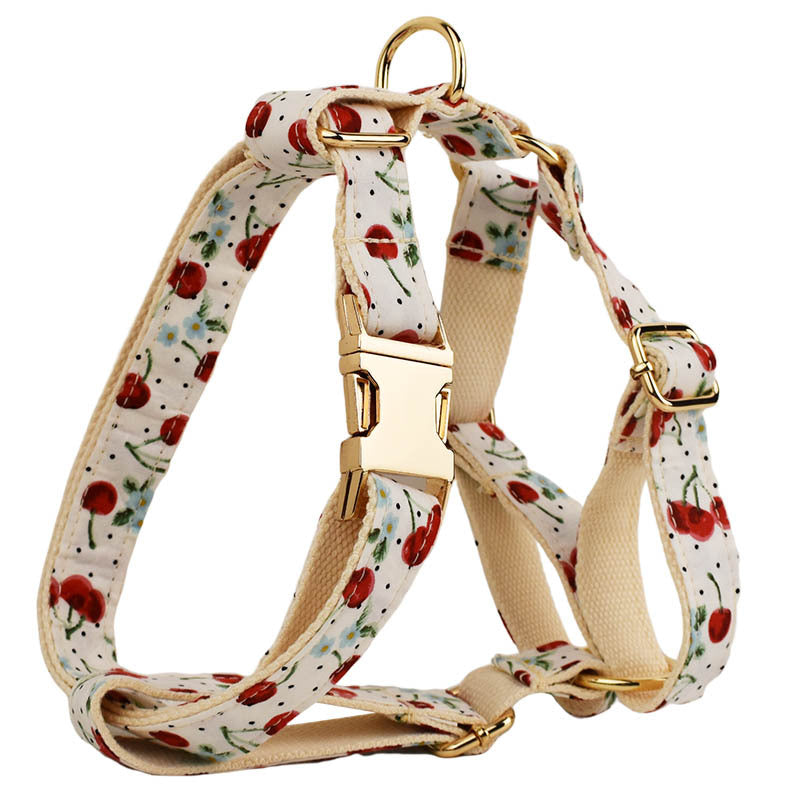 KFX-0116285 Red Cherry Pet Collar and Leash Set with Cute Bow and Gold Release Buckle, Five-Piece Accessory Kit