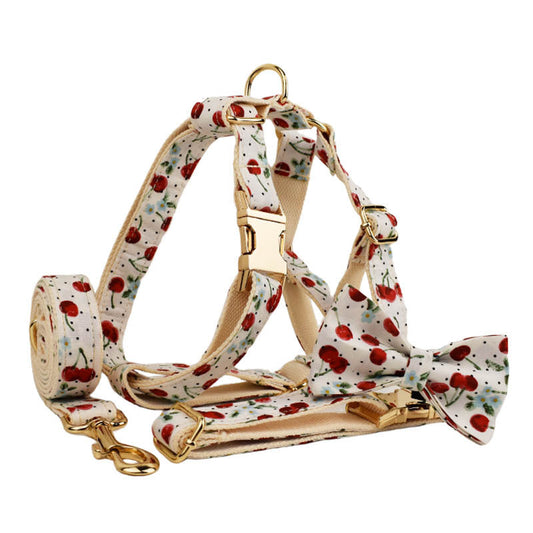 KFX-0116285 Red Cherry Pet Collar and Leash Set with Cute Bow and Gold Release Buckle, Five-Piece Accessory Kit