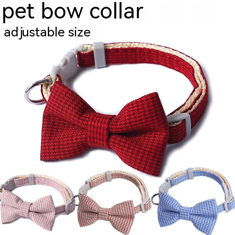 KFX-0116797 Houndstooth Pattern Bow Pet Collar for Cats and Dogs - Red, Blue, Pink, Brown, Nylon, 23-30cm