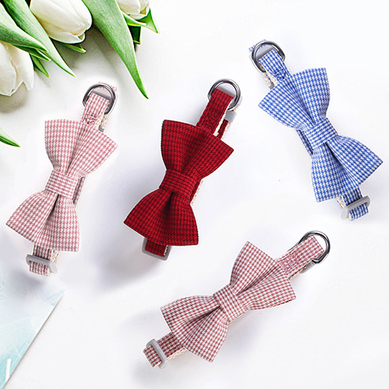 KFX-0116797 Houndstooth Pattern Bow Pet Collar for Cats and Dogs - Red, Blue, Pink, Brown, Nylon, 23-30cm