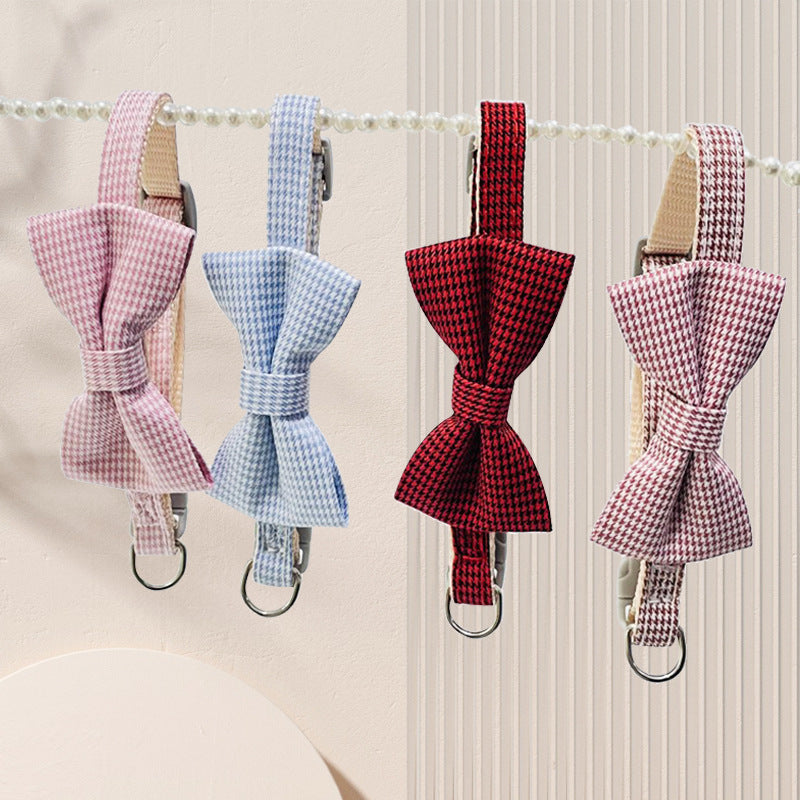 KFX-0116797 Houndstooth Pattern Bow Pet Collar for Cats and Dogs - Red, Blue, Pink, Brown, Nylon, 23-30cm