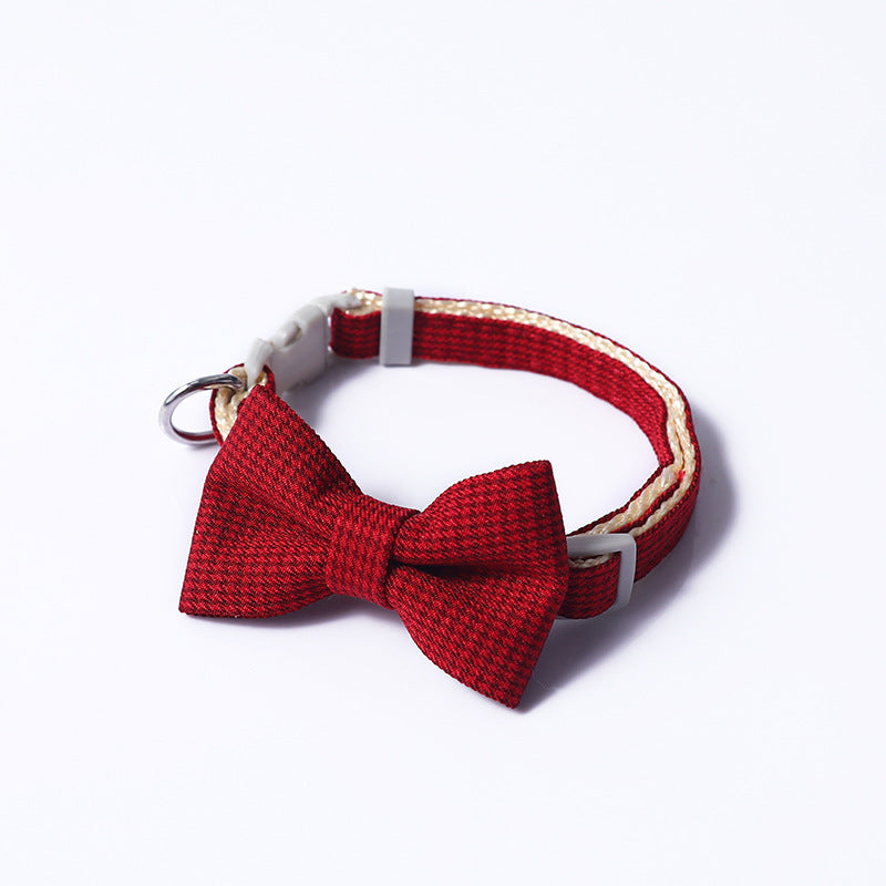 KFX-0116797 Houndstooth Pattern Bow Pet Collar for Cats and Dogs - Red, Blue, Pink, Brown, Nylon, 23-30cm