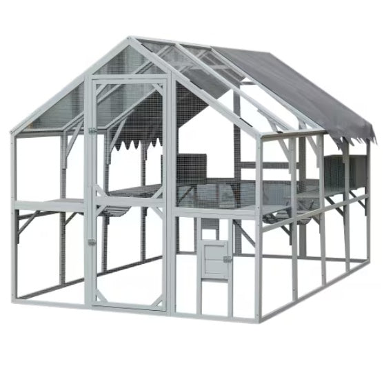 KFX-0118461 Outdoor Cat House with Playpen and Waterproof Cover - Spacious Cat Shelter for Garden or Backyard