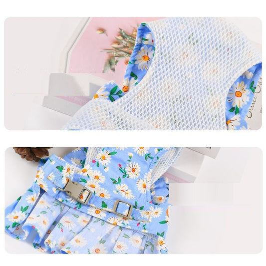 KFX-0120381 Floral Cotton Dog Dress with Nylon Traction Rope, Summer Overalls in Multiple Sizes