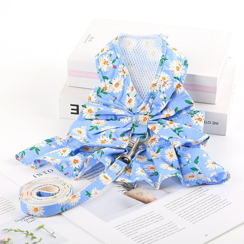 KFX-0120381 Floral Cotton Dog Dress with Nylon Traction Rope, Summer Overalls in Multiple Sizes