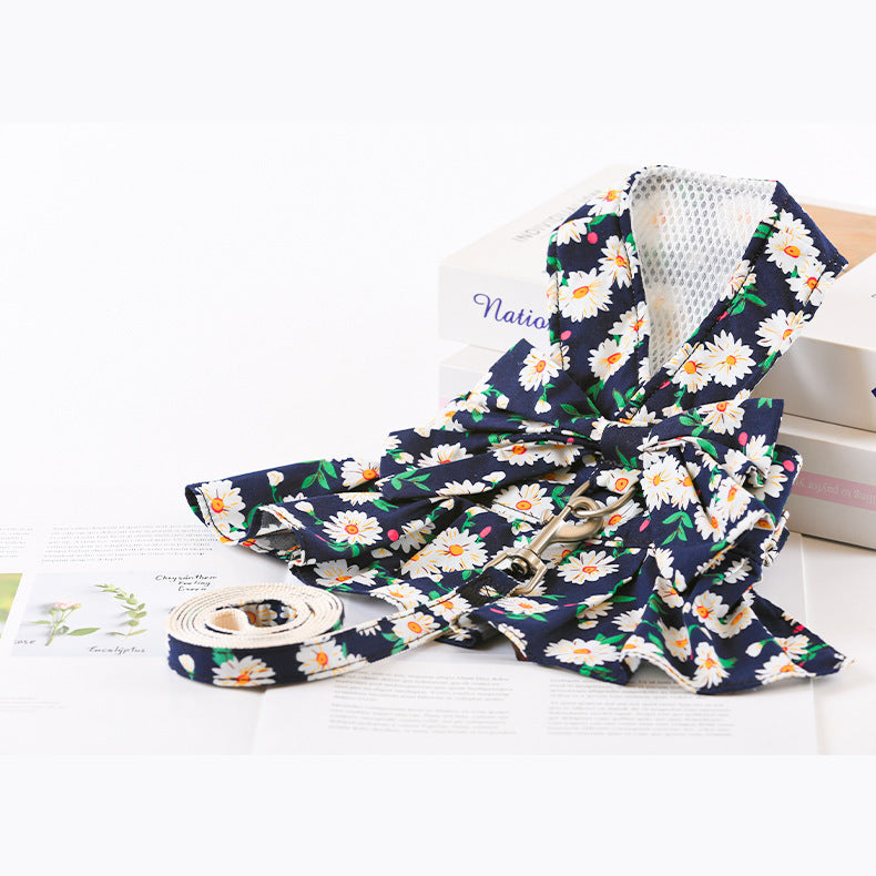 KFX-0120381 Floral Cotton Dog Dress with Nylon Traction Rope, Summer Overalls in Multiple Sizes