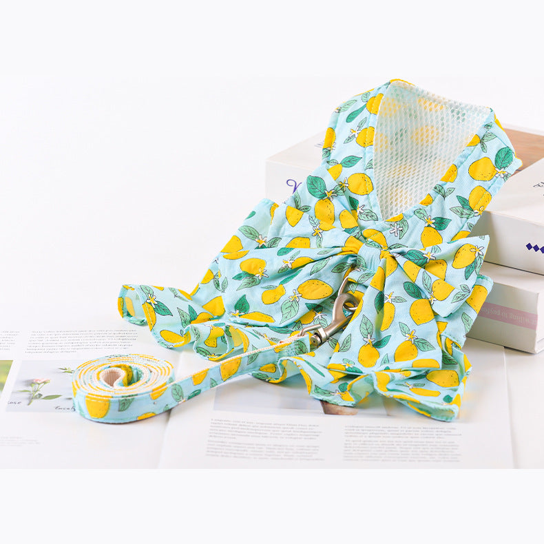 KFX-0120381 Floral Cotton Dog Dress with Nylon Traction Rope, Summer Overalls in Multiple Sizes