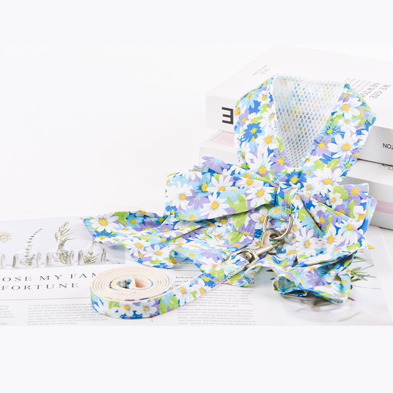 KFX-0120381 Floral Cotton Dog Dress with Nylon Traction Rope, Summer Overalls in Multiple Sizes