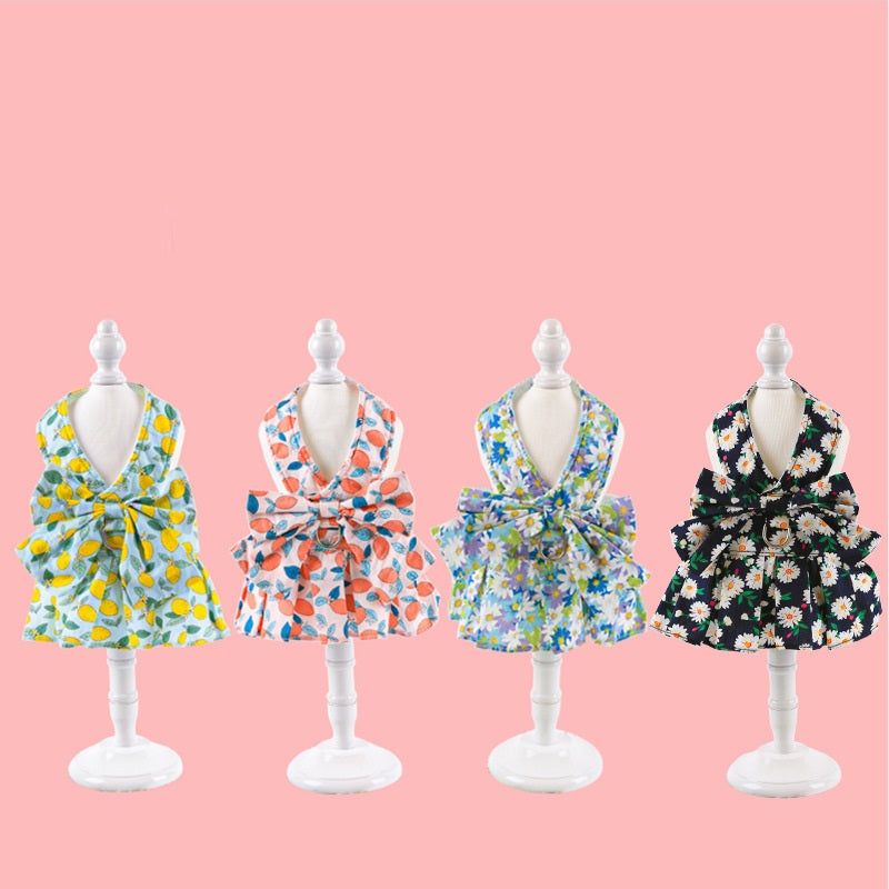 KFX-0120381 Floral Cotton Dog Dress with Nylon Traction Rope, Summer Overalls in Multiple Sizes