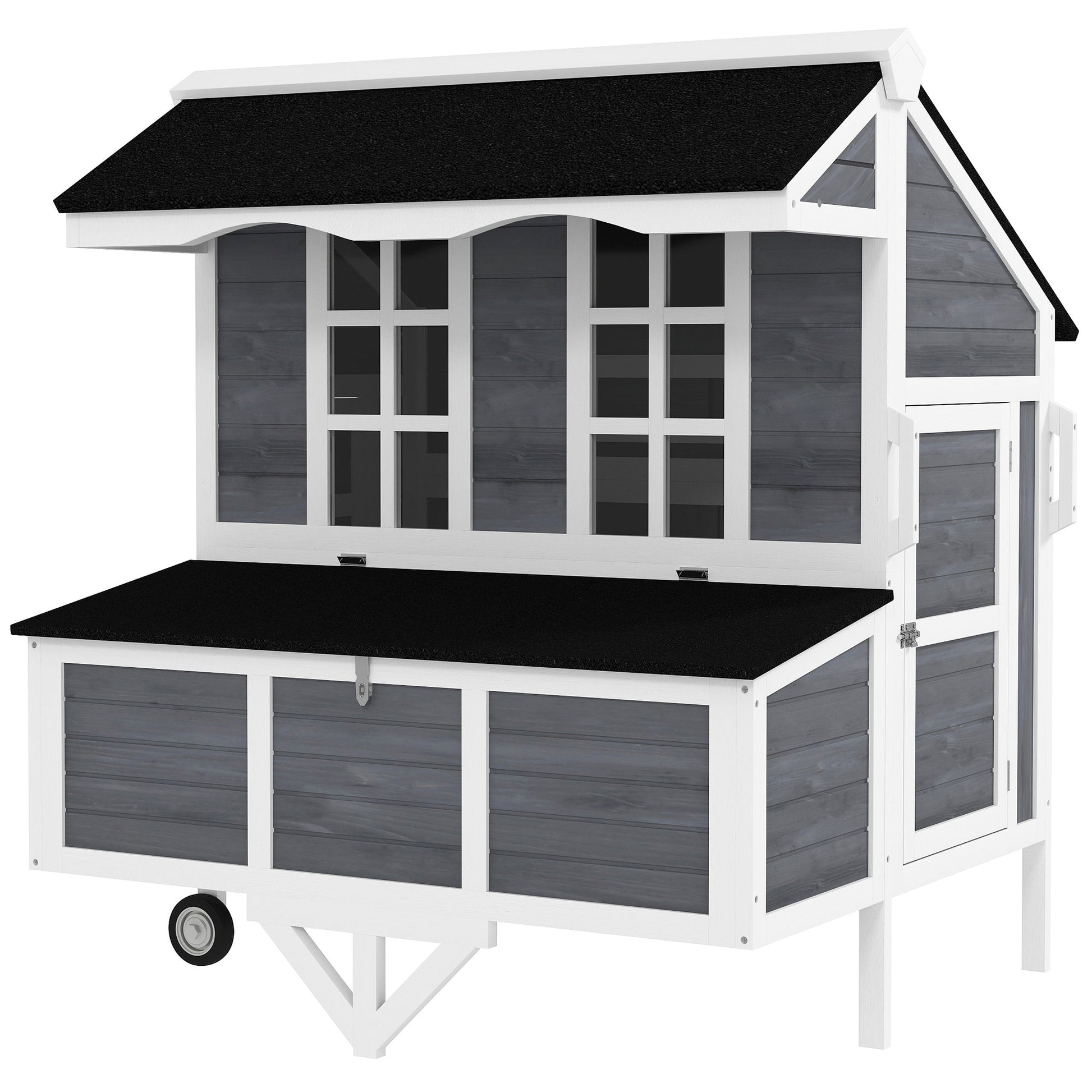 KFX-0129981 Mobile Chicken Coop with Nesting Box, Windows, and Pull-out Tray for 2-4 Hens, Gray Wood Design