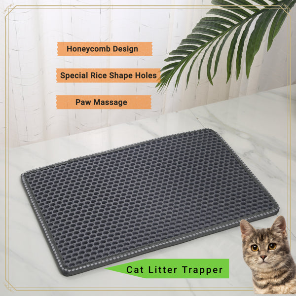 KFX-0131773 Cat Litter Trap Mat - Waterproof EVA Material, Double Layer Design, Rice Shape Surface, Grey, 21 x 14 inches
