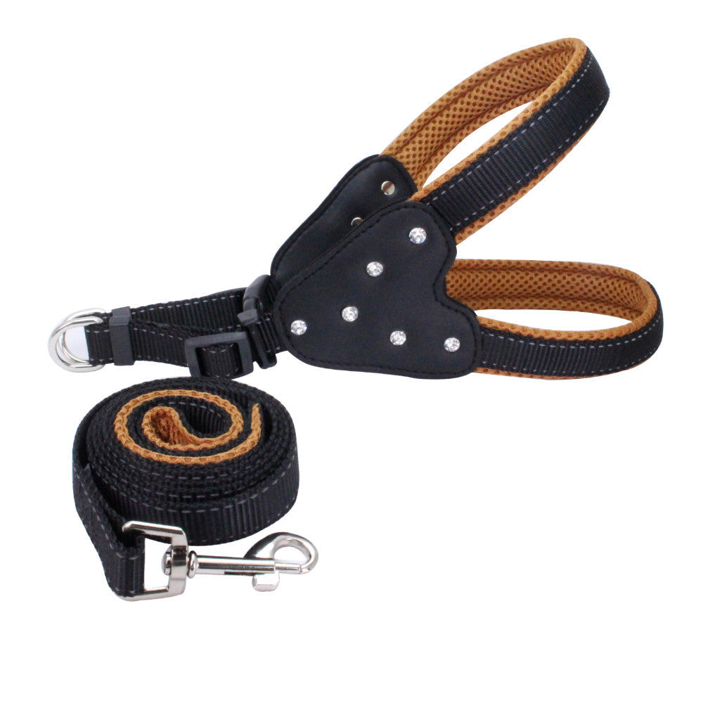 KFX-0135357 Reflective Mesh Fabric Pet Harness with Rhinestone Design and Leash in Various Colors