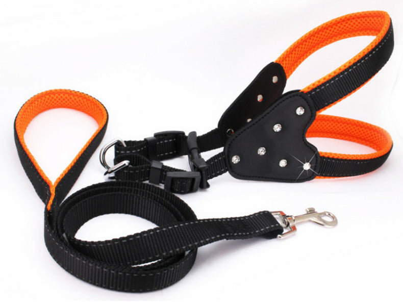 KFX-0135357 Reflective Mesh Fabric Pet Harness with Rhinestone Design and Leash in Various Colors