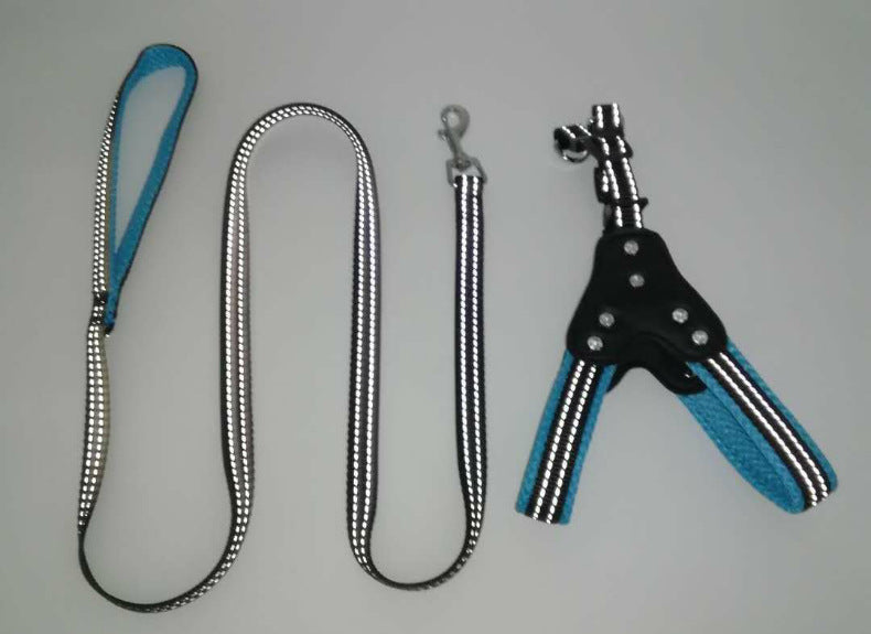 KFX-0135357 Reflective Mesh Fabric Pet Harness with Rhinestone Design and Leash in Various Colors