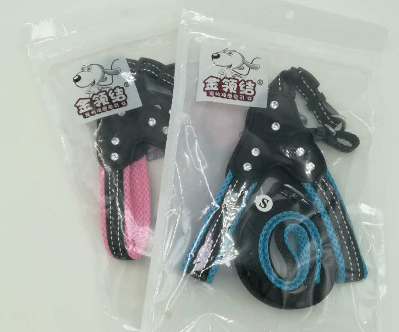 KFX-0135357 Reflective Mesh Fabric Pet Harness with Rhinestone Design and Leash in Various Colors