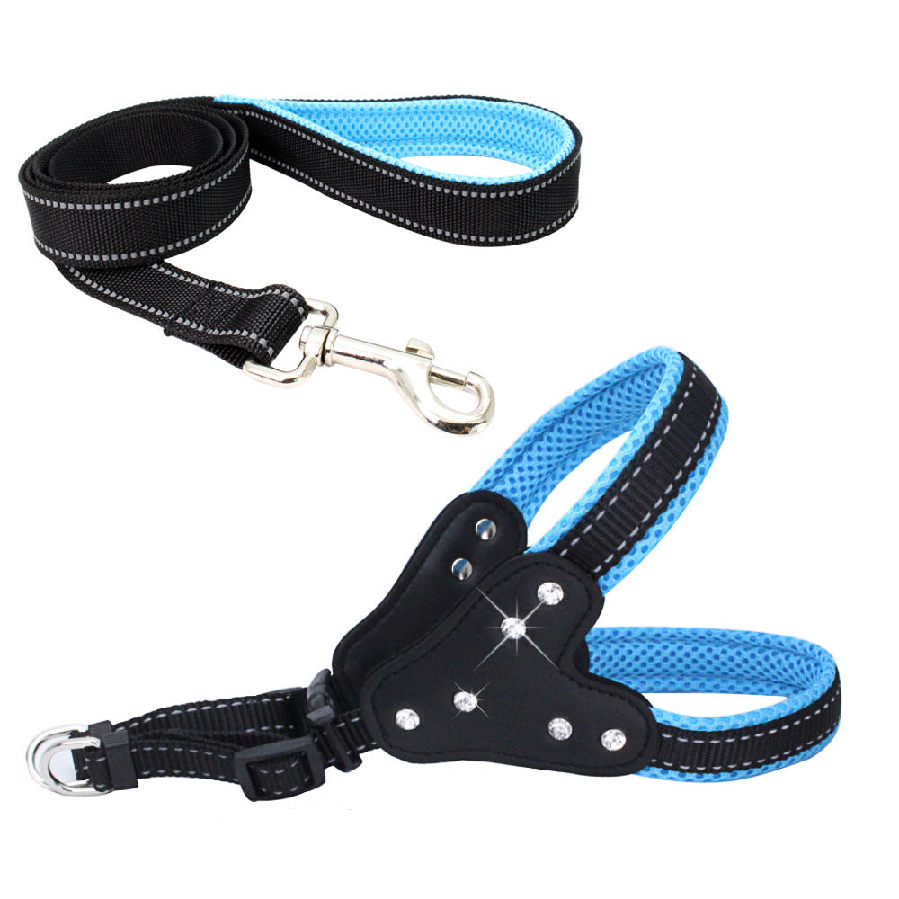 KFX-0135357 Reflective Mesh Fabric Pet Harness with Rhinestone Design and Leash in Various Colors