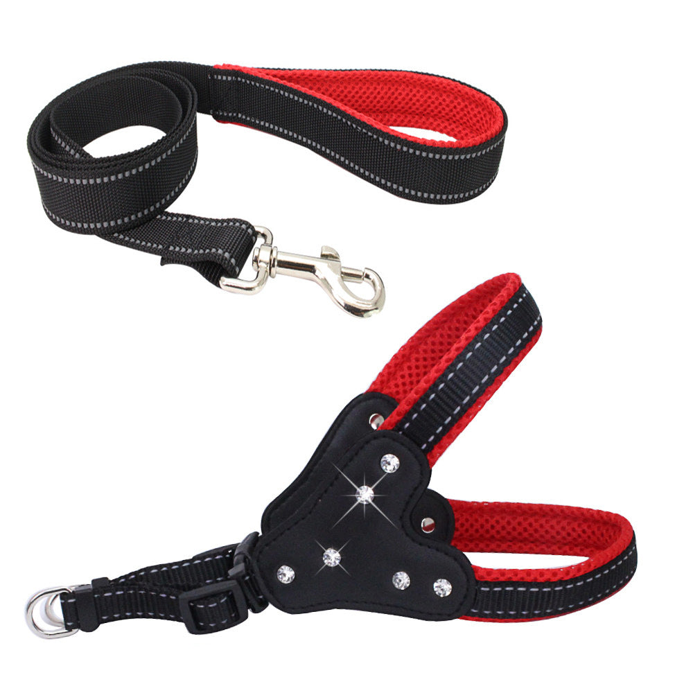 KFX-0135357 Reflective Mesh Fabric Pet Harness with Rhinestone Design and Leash in Various Colors