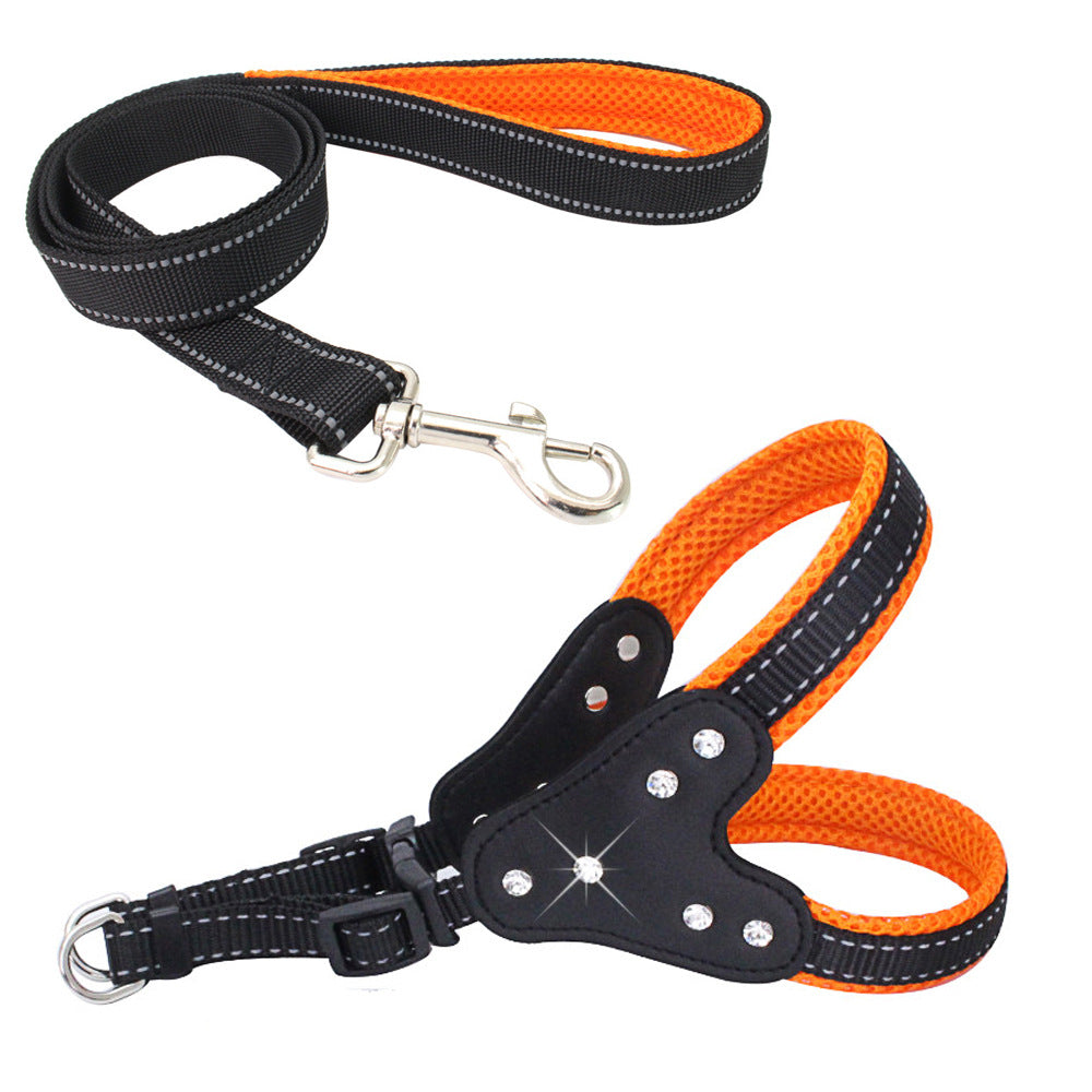 KFX-0135357 Reflective Mesh Fabric Pet Harness with Rhinestone Design and Leash in Various Colors