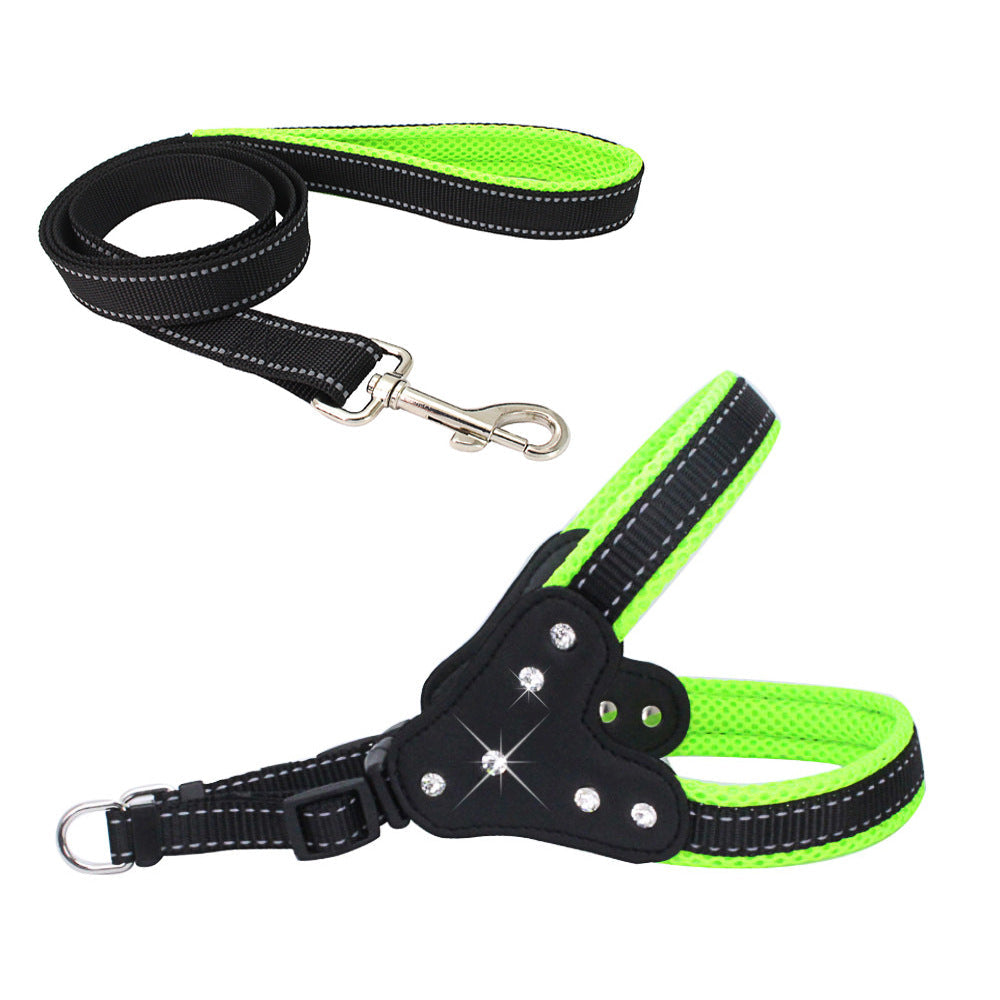 KFX-0135357 Reflective Mesh Fabric Pet Harness with Rhinestone Design and Leash in Various Colors