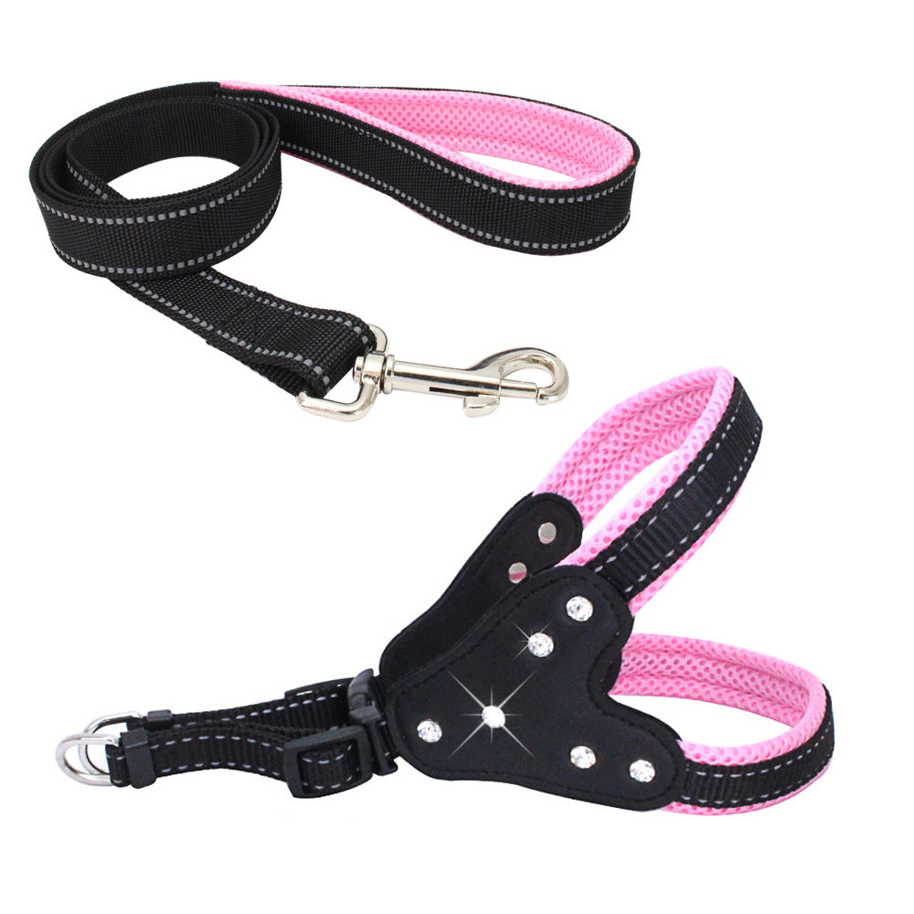 KFX-0135357 Reflective Mesh Fabric Pet Harness with Rhinestone Design and Leash in Various Colors